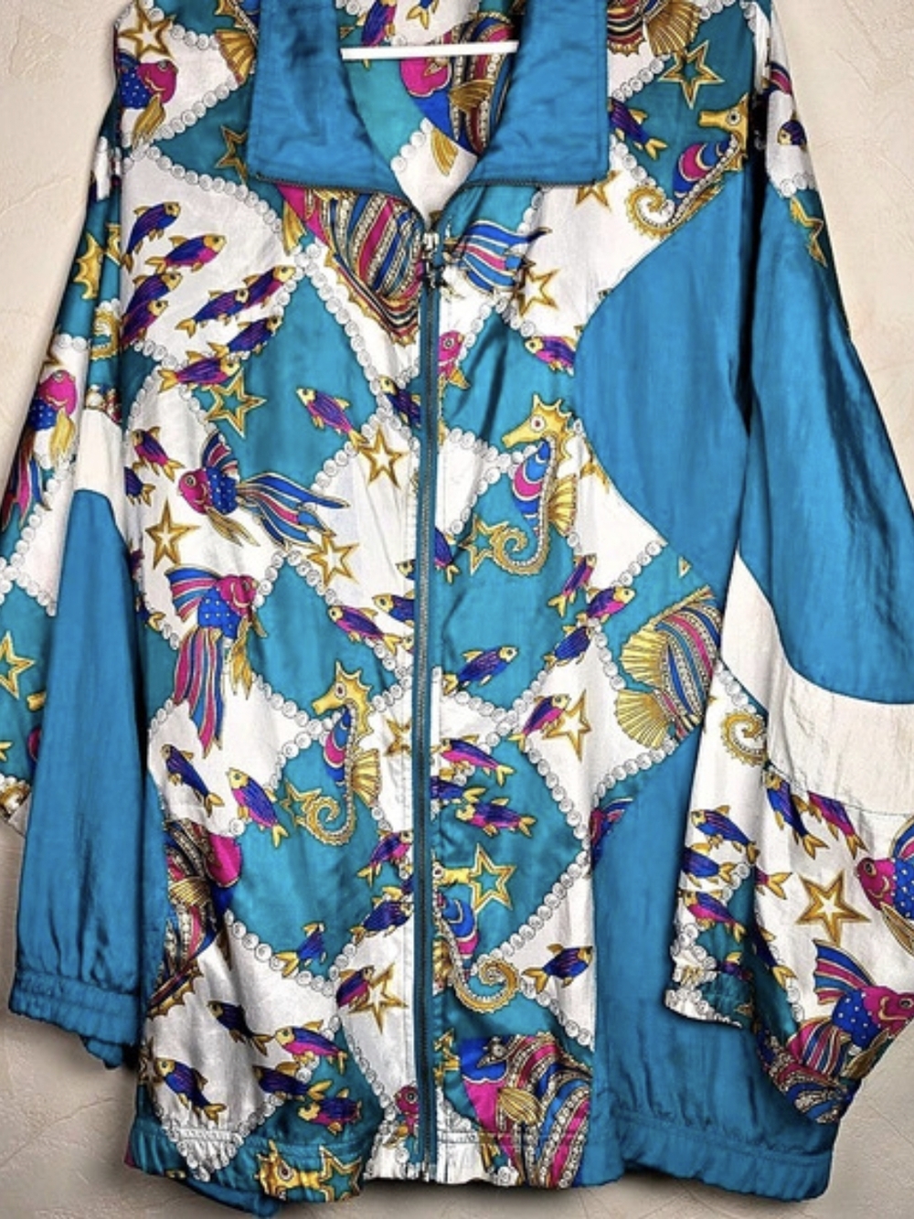 90s Vtg Teal Blue Sea Life Abstract Seahorse Windbreaker Festival Plus Size 3xl